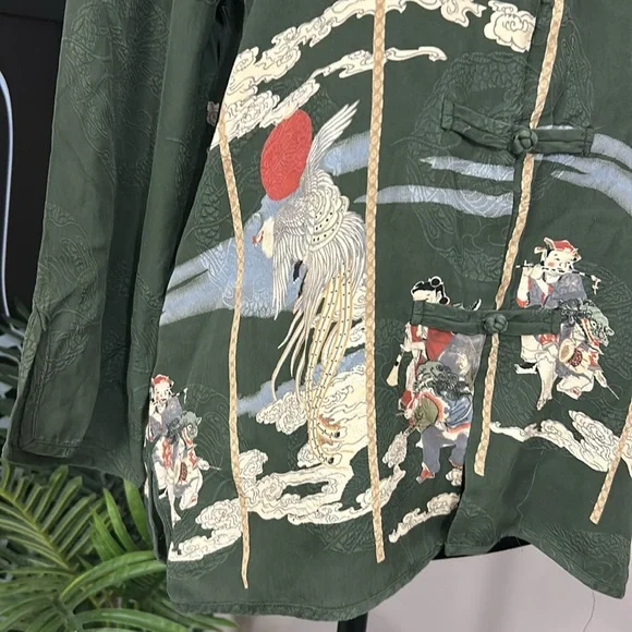 Citron Santa Monica Top Army Green Silk Asian Print Mandarin Collar Women’s M - Picture 2 of 15